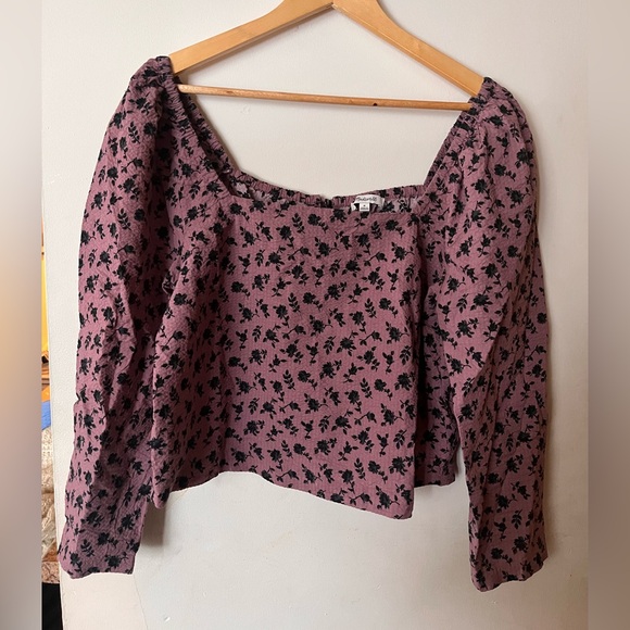 Madewell Seersucker Square-Neck Floral Blouse Long Sleeve Crop - M - Picture 3 of 10